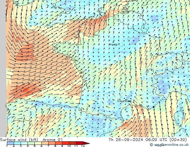 Vent 10 m (bft) Arome 01 jeu 26.09.2024 06 UTC