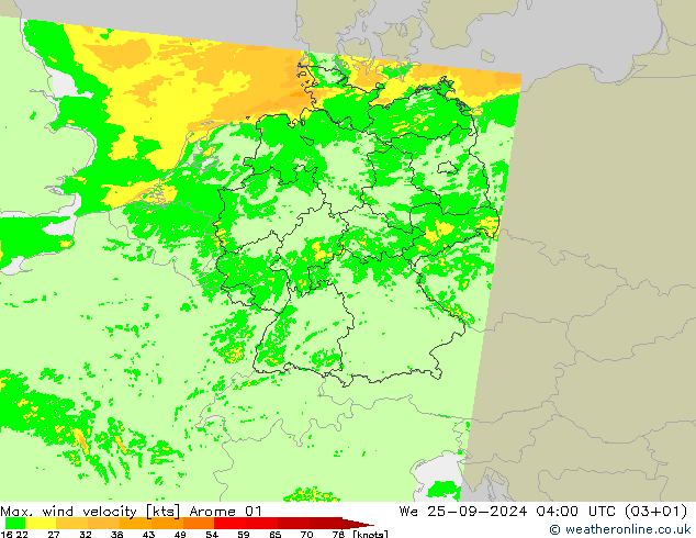 Max. wind velocity Arome 01  25.09.2024 04 UTC