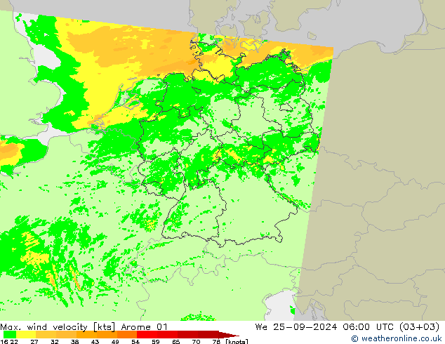 Max. wind velocity Arome 01 We 25.09.2024 06 UTC