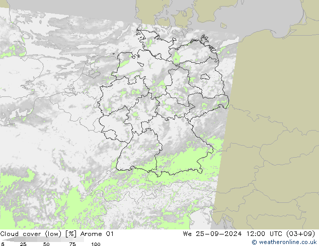 Cloud cover (low) Arome 01 We 25.09.2024 12 UTC