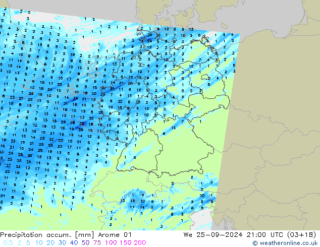 Précipitation accum. Arome 01 mer 25.09.2024 21 UTC