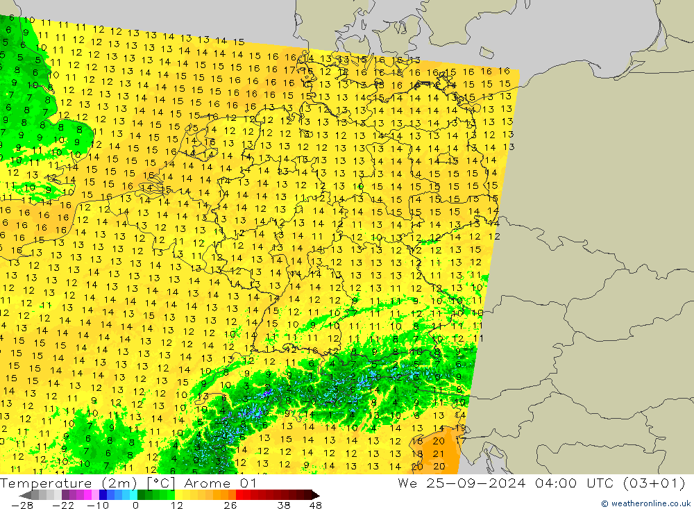 Temperature (2m) Arome 01 We 25.09.2024 04 UTC