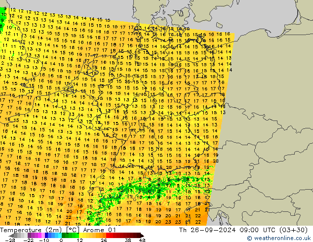 Temperature (2m) Arome 01 Th 26.09.2024 09 UTC