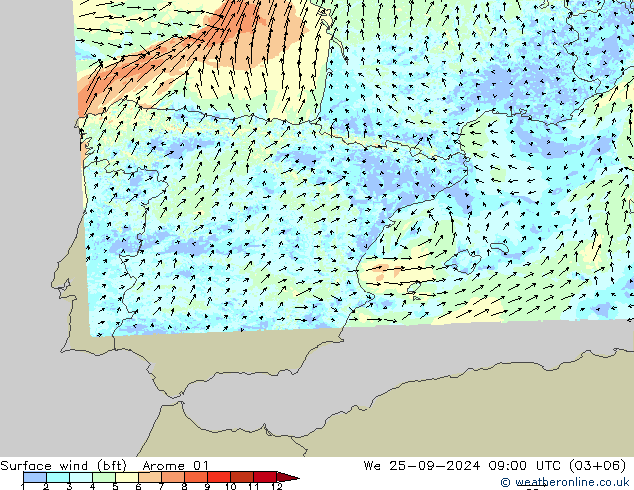 Surface wind (bft) Arome 01 St 25.09.2024 09 UTC