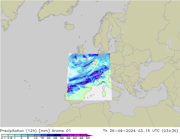 Yağış (12h) Arome 01 Per 26.09.2024 15 UTC