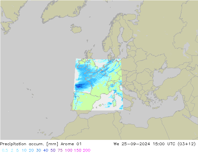 Precipitation accum. Arome 01 śro. 25.09.2024 15 UTC