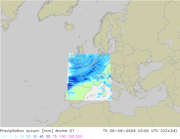 Totale neerslag Arome 01 do 26.09.2024 03 UTC