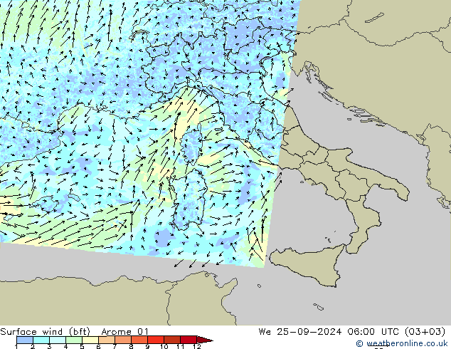 Vento 10 m (bft) Arome 01 mer 25.09.2024 06 UTC