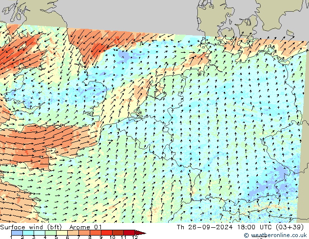 Vento 10 m (bft) Arome 01 Qui 26.09.2024 18 UTC
