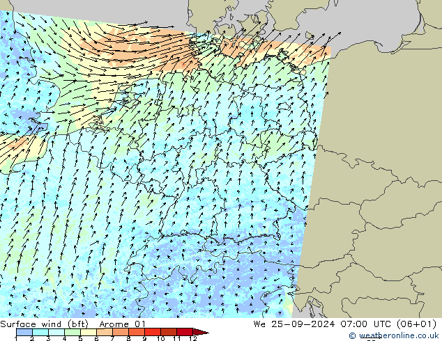 Vento 10 m (bft) Arome 01 Qua 25.09.2024 07 UTC