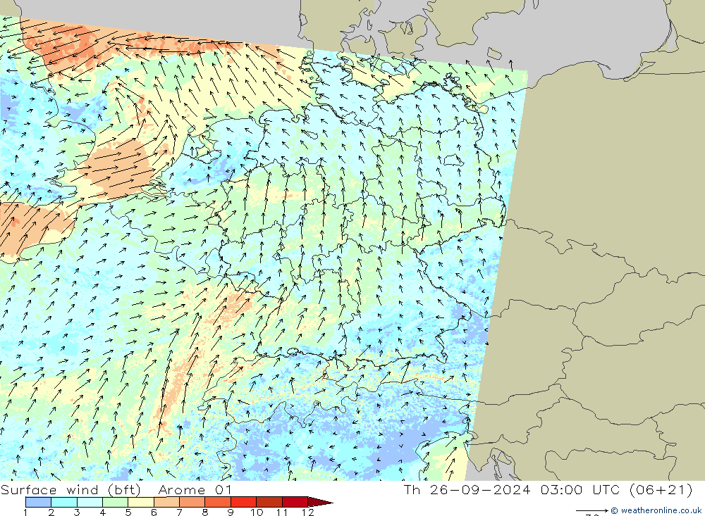 Viento 10 m (bft) Arome 01 jue 26.09.2024 03 UTC