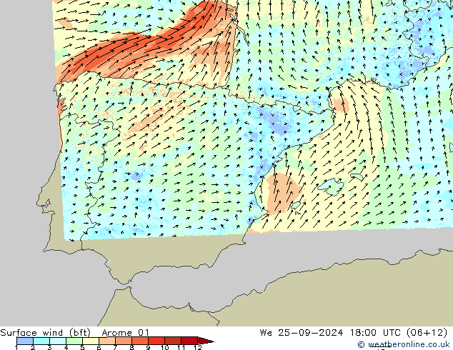 Vent 10 m (bft) Arome 01 mer 25.09.2024 18 UTC