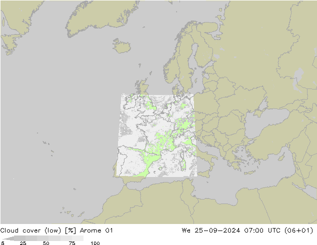 Cloud cover (low) Arome 01 We 25.09.2024 07 UTC