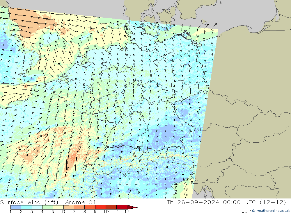 Bodenwind (bft) Arome 01 Do 26.09.2024 00 UTC