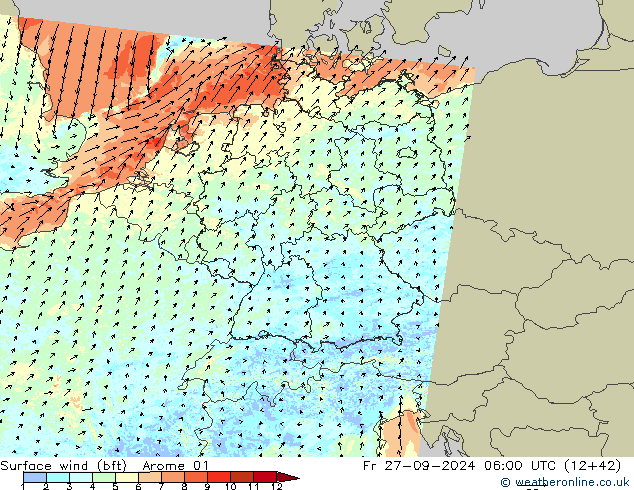 Vento 10 m (bft) Arome 01 ven 27.09.2024 06 UTC