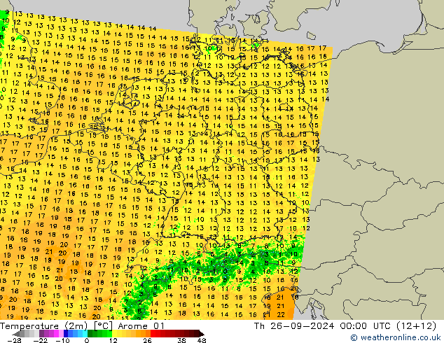 mapa temperatury (2m) Arome 01 czw. 26.09.2024 00 UTC