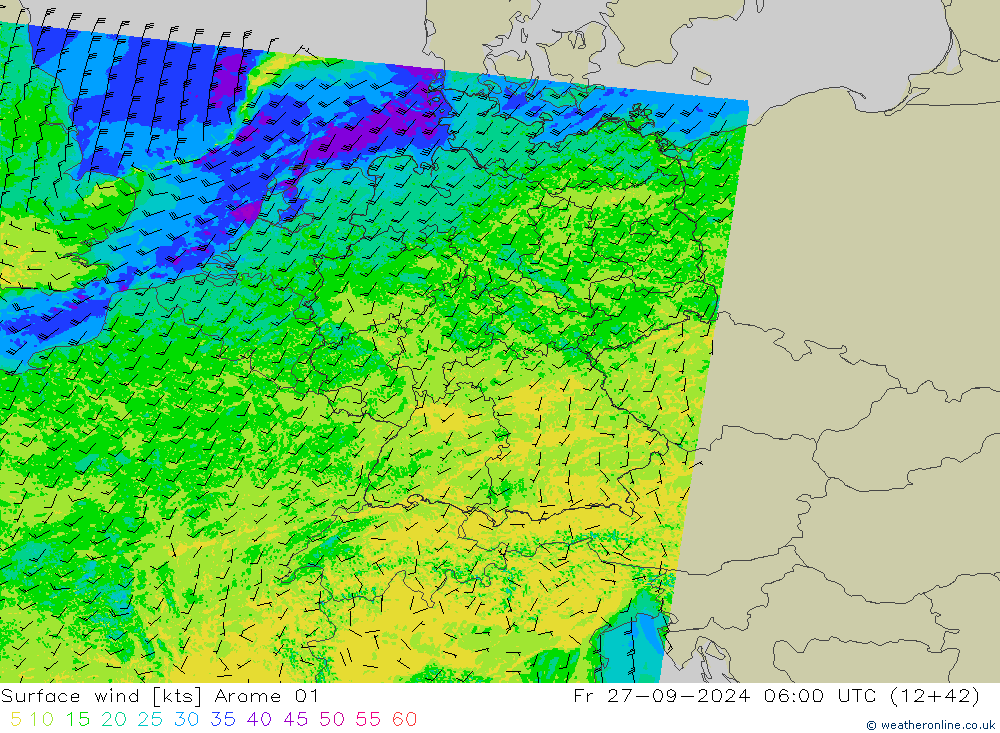 Surface wind Arome 01 Pá 27.09.2024 06 UTC