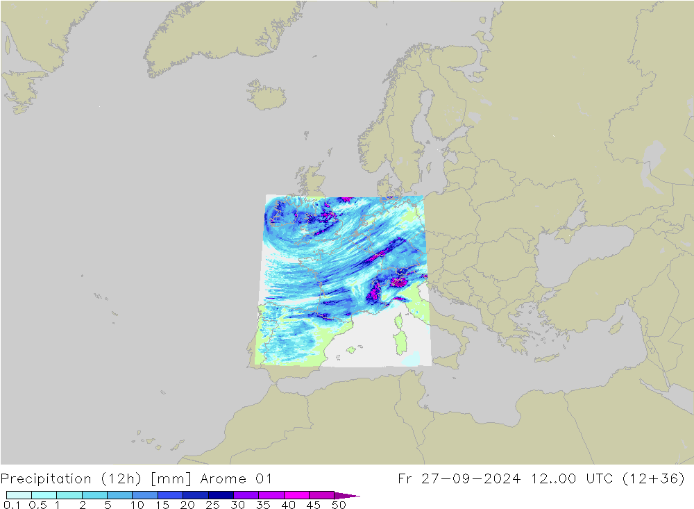 Precipitation (12h) Arome 01 Fr 27.09.2024 00 UTC