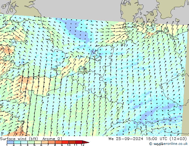 Bodenwind (bft) Arome 01 Mi 25.09.2024 15 UTC