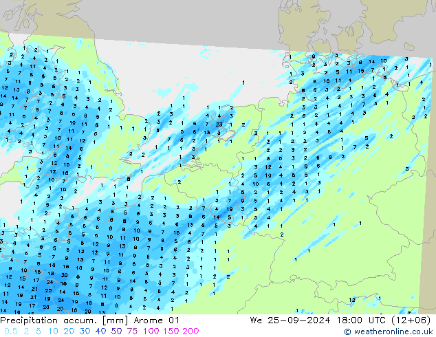 Totale neerslag Arome 01 wo 25.09.2024 18 UTC