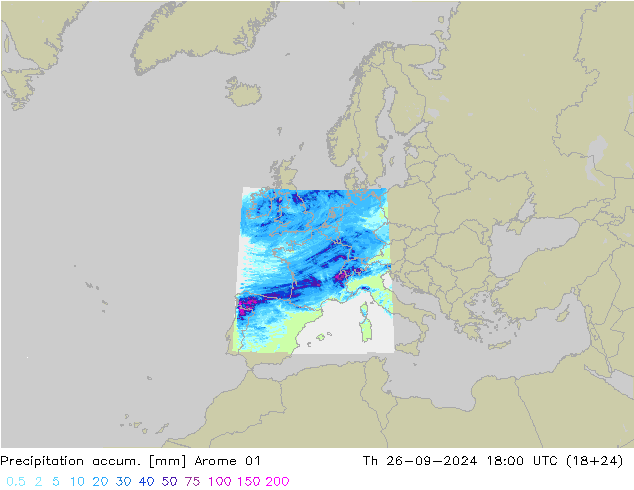 Precipitation accum. Arome 01 Th 26.09.2024 18 UTC