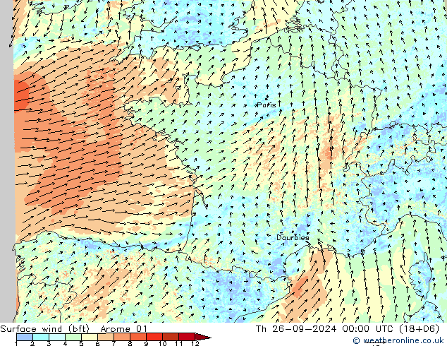 Rüzgar 10 m (bft) Arome 01 Per 26.09.2024 00 UTC