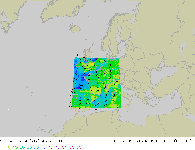 wiatr 10 m Arome 01 czw. 26.09.2024 09 UTC