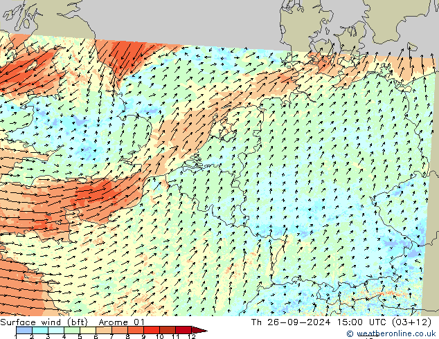 Rüzgar 10 m (bft) Arome 01 Per 26.09.2024 15 UTC