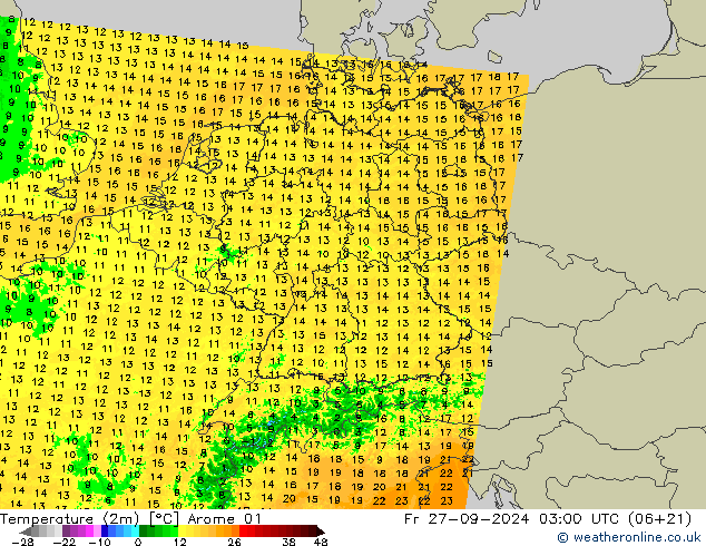 Temperature (2m) Arome 01 Pá 27.09.2024 03 UTC