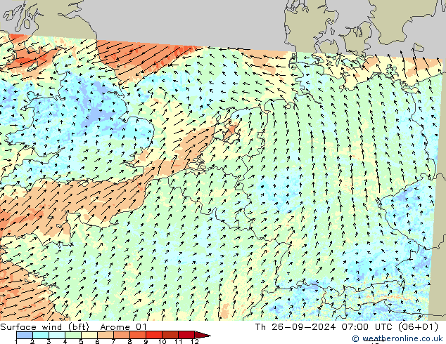 Vento 10 m (bft) Arome 01 Qui 26.09.2024 07 UTC