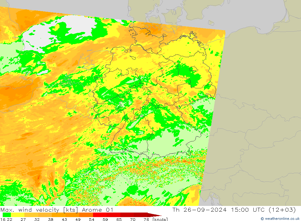 Max. wind velocity Arome 01 jeu 26.09.2024 15 UTC