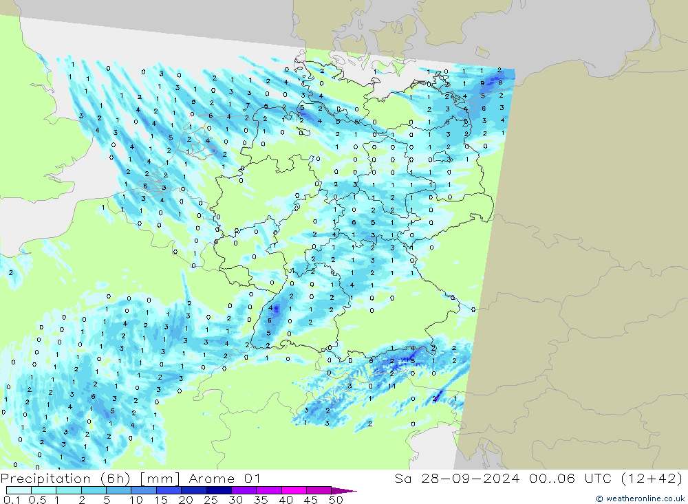 Precipitação (6h) Arome 01 Sáb 28.09.2024 06 UTC