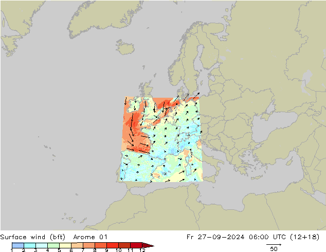 Vento 10 m (bft) Arome 01 ven 27.09.2024 06 UTC