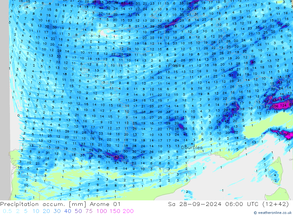 Precipitation accum. Arome 01 сб 28.09.2024 06 UTC