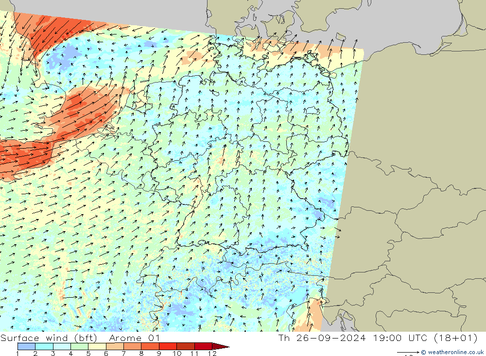 Vento 10 m (bft) Arome 01 Qui 26.09.2024 19 UTC