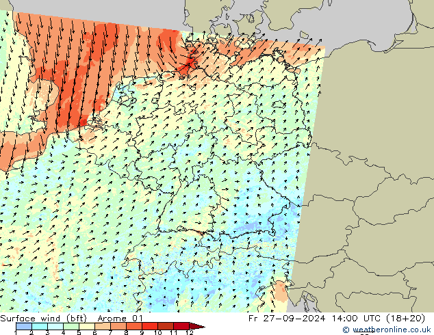 Vento 10 m (bft) Arome 01 Sex 27.09.2024 14 UTC