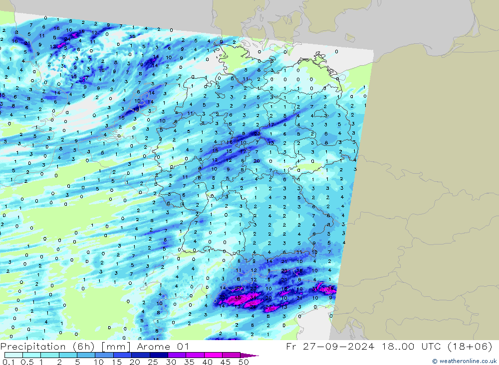 Précipitation (6h) Arome 01 ven 27.09.2024 00 UTC