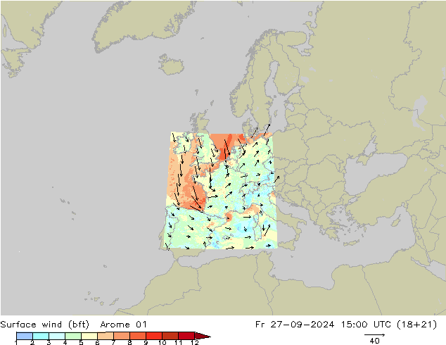 Wind 10 m (bft) Arome 01 vr 27.09.2024 15 UTC