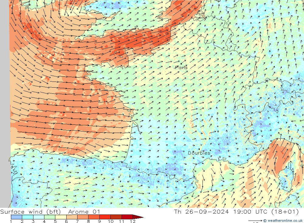 Wind 10 m (bft) Arome 01 do 26.09.2024 19 UTC