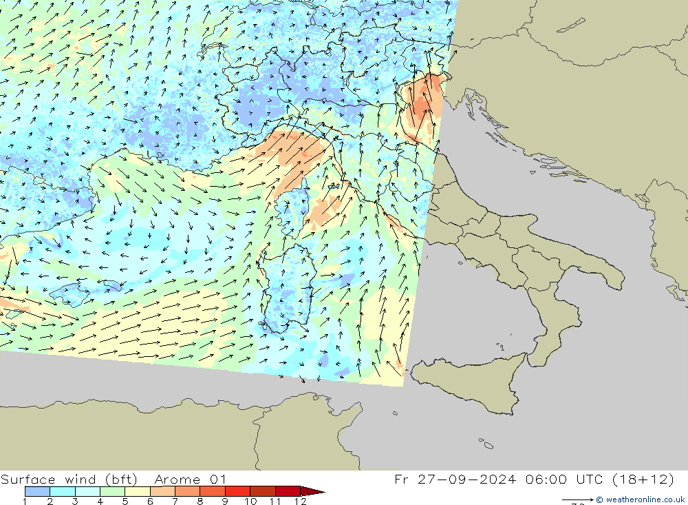 Surface wind (bft) Arome 01 Pá 27.09.2024 06 UTC