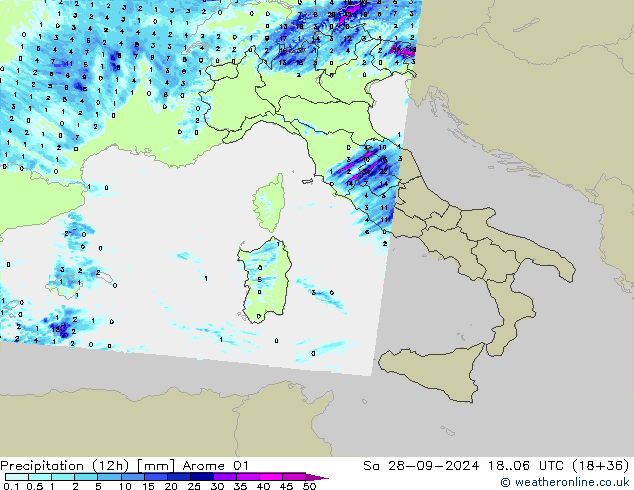 Precipitation (12h) Arome 01 So 28.09.2024 06 UTC