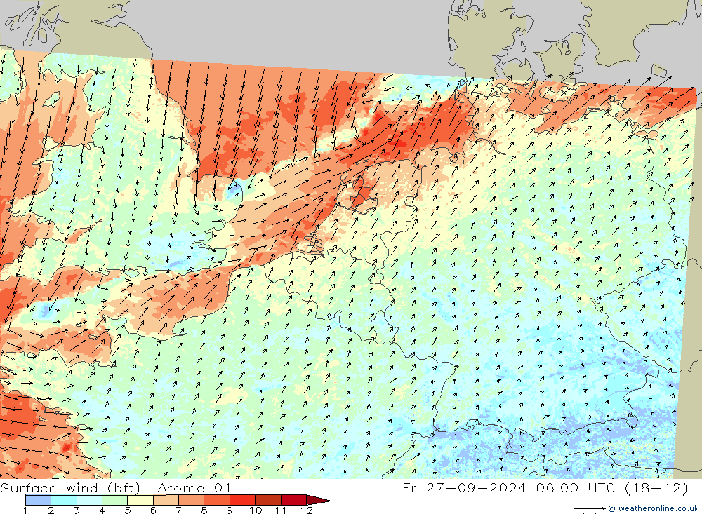 Surface wind (bft) Arome 01 Fr 27.09.2024 06 UTC