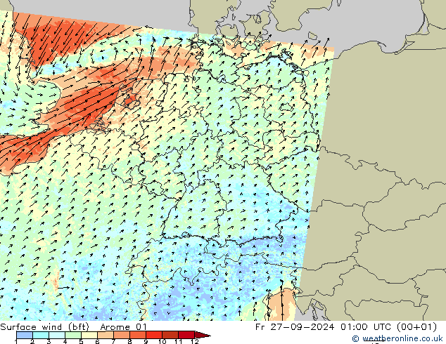 Surface wind (bft) Arome 01 Pá 27.09.2024 01 UTC