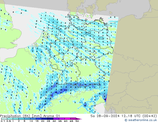 Precipitación (6h) Arome 01 sáb 28.09.2024 18 UTC