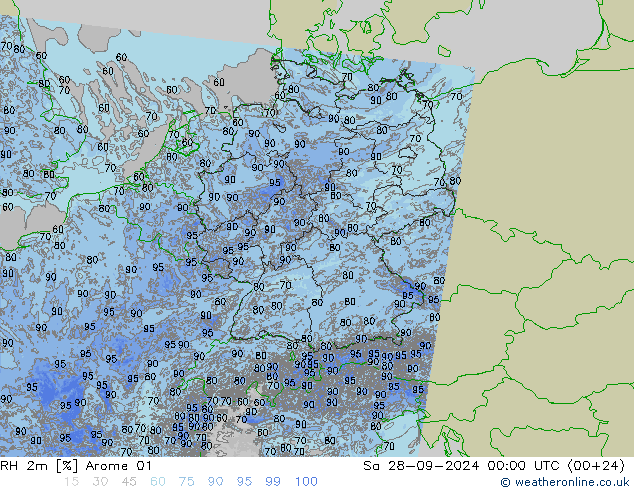 Humedad rel. 2m Arome 01 sáb 28.09.2024 00 UTC