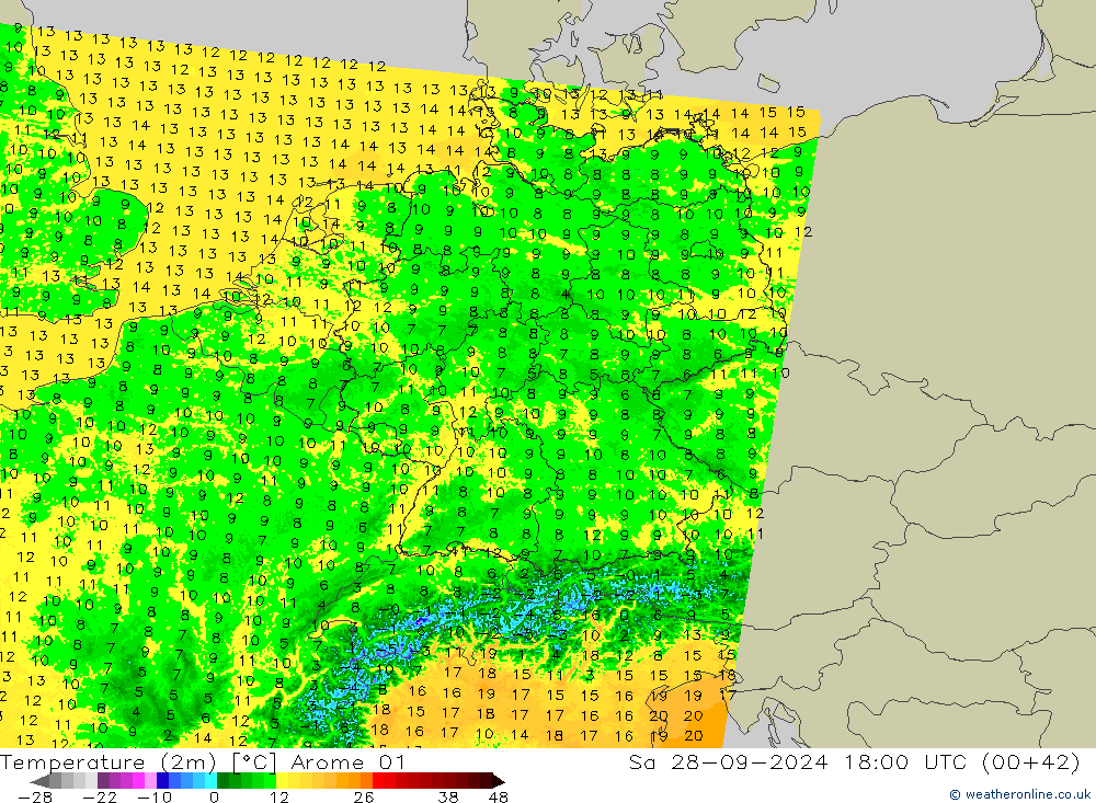 карта температуры Arome 01 сб 28.09.2024 18 UTC