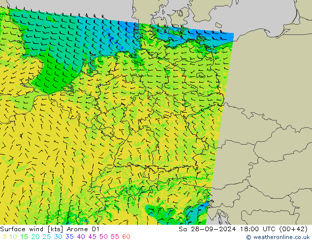 wiatr 10 m Arome 01 so. 28.09.2024 18 UTC