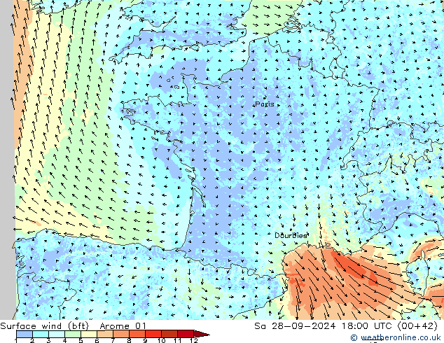 Surface wind (bft) Arome 01 So 28.09.2024 18 UTC