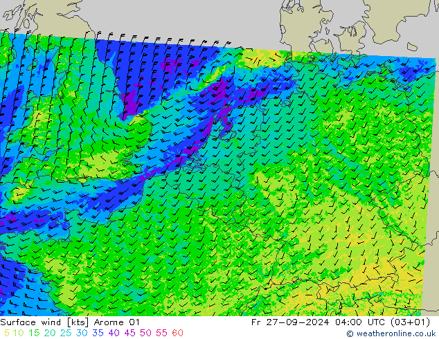 Vento 10 m Arome 01 Sex 27.09.2024 04 UTC