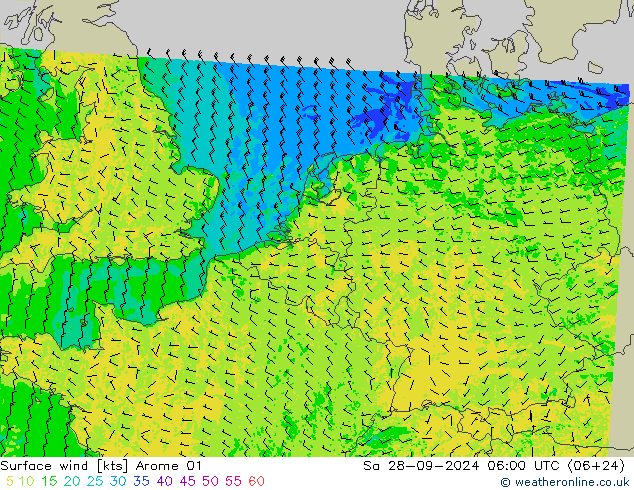 风 10 米 Arome 01 星期六 28.09.2024 06 UTC